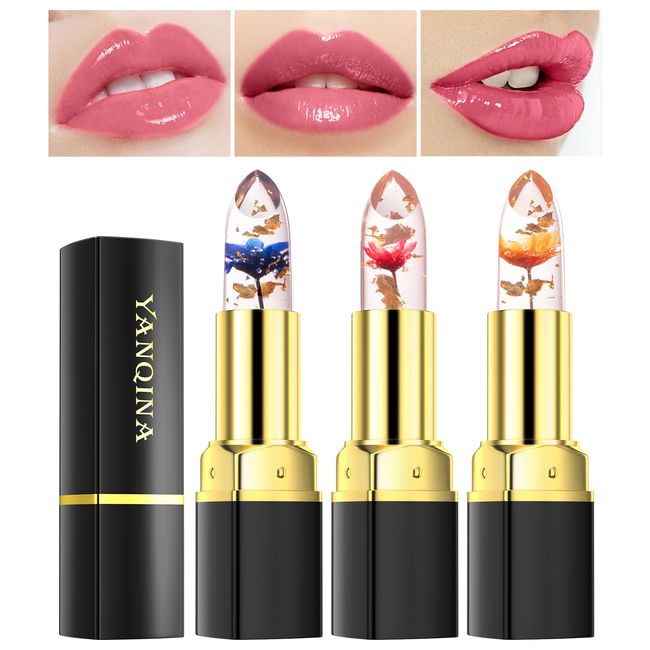 Bekoeen 3 Pcs/Set Flower Jelly Lipstick Set Temperature Change Moisturizer flower Lip Stick Long Lasting Nutritious Lip Balm Magic Color Change Lip Gloss