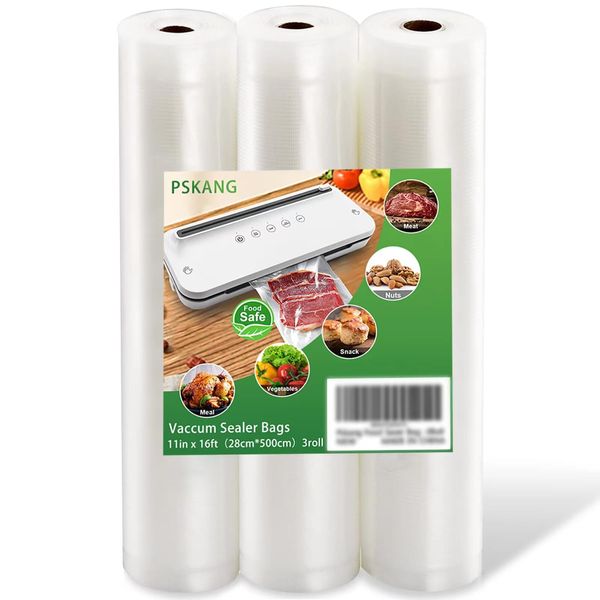 Pskang Vacuum Sealer Bags Rolls 11" x 16' (3 Rolls) BPA Free Vacuum Seal Bags for Food Heavy Duty Puncture Prevention Bags Rolls for Custom Fit Airtight Food Storage and Sous Vide