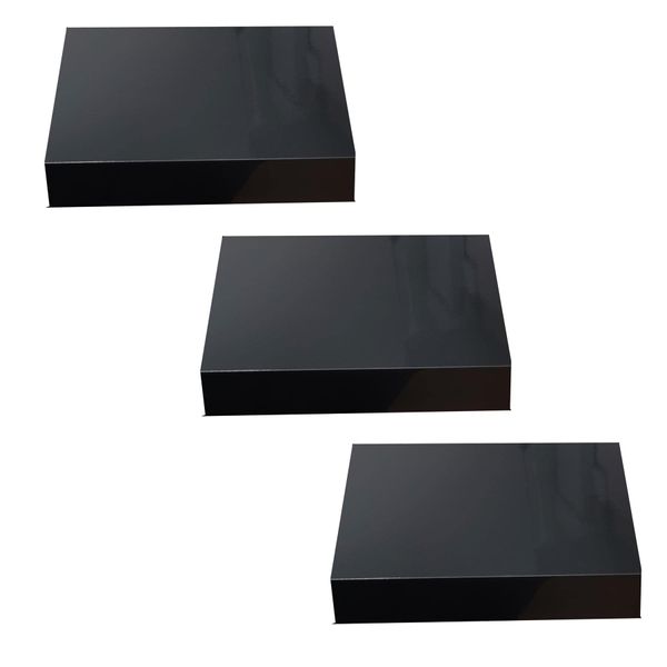 Roseley Set of 3 Floating Shelves 30 x 23cm High Gloss Wall Mounted Boards No Visible Bracket Fixings Included [Black]