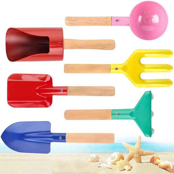 Beach Toys for Kids, 6Pcs 8'' Sand Toys Set Metal Garden Tools with Sturdy Wooden Handle, Gardening Equipment Cylinder, Spoon, Fork, Rake, Flat Shovel & Pointed Shovel.Shovel Sand and Shovel Soil