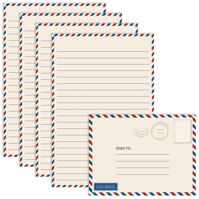 Better Office Products Vintage Airmail Mini Stationery Set, 100 Piece Set (50 Lined Sheets + 50 Matching Envelopes), 5.5 x 8.25 inch, Design, Double Sided Printing, Double Side Lined Paper,