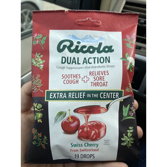 EXP 2/25 Ricola Dual Action Swiss Cherry Cough Drops 19 Ct Soothes Throat Cough