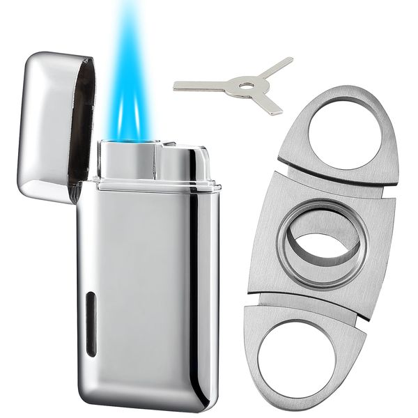 Bbsisgo Cigar Cutter and Lighter Set, Gifts for Men, Double Jet Flame Butane Torch Lighter with Adjustment Tools, Refillable Windproof Gas Lighter, Silver.(Sold Without Gas)