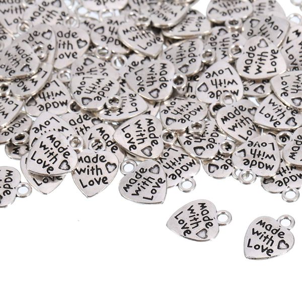 Opopark 100 Pieces Heart Charms, Antique Silver Made with Love Heart Pendants for DIY Jewelry Making Accessory Bracelet Necklace Keychain Crafting Findings