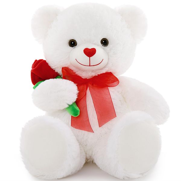 MorisMos Small Teddy Bear with Flower, 50cm White Cuddly Teddies for Girlfriend Fluffy Cute Soft Plush Teddy Toy with Red Bow Beautiful Present for Kids Wife Mom Birthday Deco