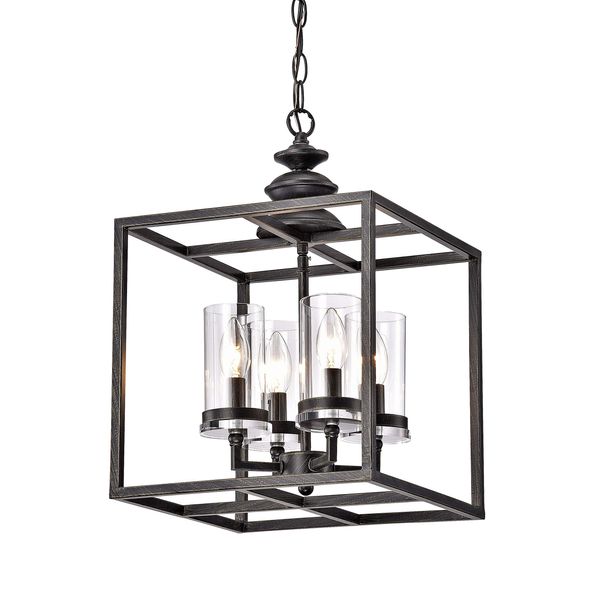 Jojospring La Pedriza 4-Light Antique Black Lantern Chandelier with Clear Glass Cylinders