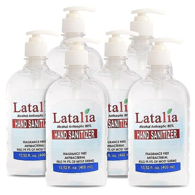 Latalia Unscented Hand Sanitizer Gel, Moisturizing, 13.5oz/400ml (PACK OF 6)