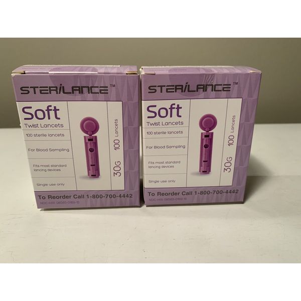 2 Boxes STERILANCE 100 Soft Twist Top Lancets 100/Box 30g. Exp.03/25