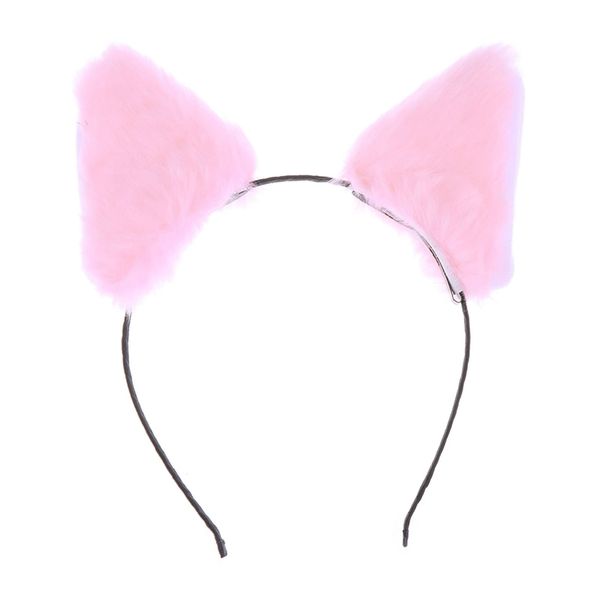 Lurrose Cat Fox Long Fur Ears Headband Cosplay Party Costume Hairbands Cut Plush Hair Hoop Headdress for Women Girls Pink