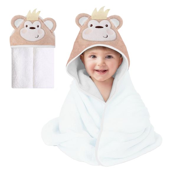 Mother's Choice Baby Towel with Hood - 100% Cotton Ultra Soft and Absorbent (33x33in) Large Baby Bath Towel for Newborn and Infant, Toddler Bath Towel for Boys and Girls, 3D Monkey Hooded Baby Towel