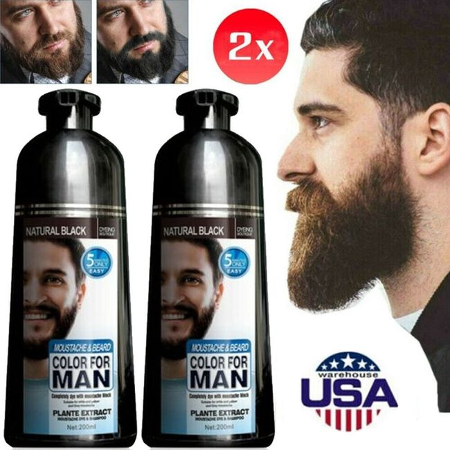 2PCS Men 2 in 1 Beard Mustache Natural Hair Color Shampoo Permanent Black Dye