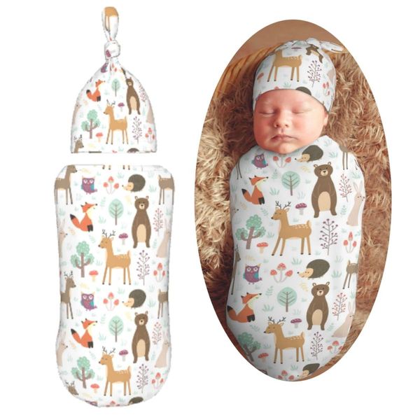 Muishi Cute Animals Fox Bear Deer Newborn Swaddle Blankets Hat Sets Soft Baby Receiving Blanket Swaddle Sack for Baby Shower Infant Boy Girl Gift