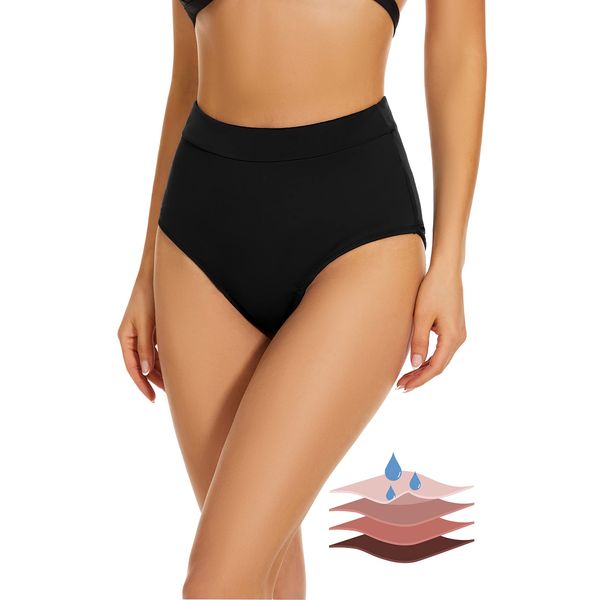 Leovqn Period Swimwear Bikini Menstrual Leakproof Swim Bottoms UPF 50+ Waterproof Brief Light Flow for Women Girls Teens (High Waist, Black, M)