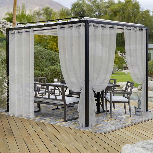 LORDTEX Burlap Linen Look Outdoor Curtains for Patio - 2 Panels Waterproof Sheer Curtains for Pergola, Porch, Cabana and Gazebo Grommet Indoor/Outdoor Voile Sheer Drapes (52 x 95 inch, Silver)