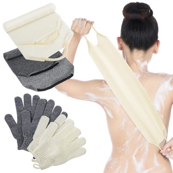 4 Pack Exfoliating Shower Bath Gloves Back Scrubber Set, 2 Exfoliating Body Scrubber Nylon Back Washer, 2 Pairs Scrub Gloves for Women Men Children Skin Stretchable Pull Strap Washcloth (Gray, Beige)