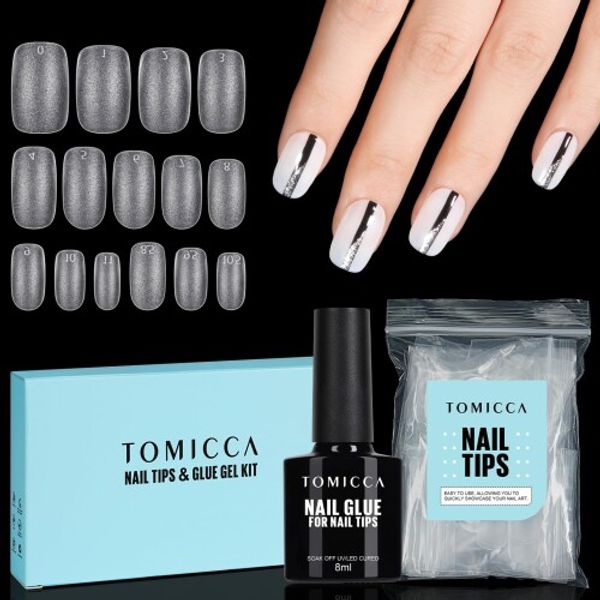 TOMICCA Nail Tips Nail Glue Suit Gel Nail Tips Short False Nails with Nail Tip Adhesive 4-IN-1 Self Gel Nails, UV/LED Lamp Required - 150 Sheets (Oval S)