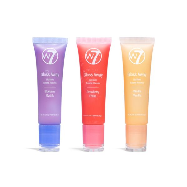 W7 Gloss Away Trio - Hydrating Lip Balm Gift Set with Shea Butter & Fruit Extracts - Restores Chapped & Dry Lips - Vegan & Cruelty-Free - Blueberry, Vanilla, Strawberry