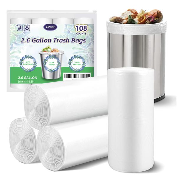 Small Trash Bags 2.6 Gallon-108 Count Leakage-Proof Strong, Small Mini Garbage Bags for Bathroom, Bedroom, Office, White Small Trash Can Liners