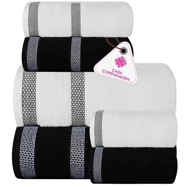 CASA COPENHAGEN Solitaire Designed in Denmark 600 GSM 2 Large Bath Towels 2 Large Hand Towels 2 Washcloths, Super Soft Egyptian Cotton 6 Towels Set for Bathroom, Kitchen & Shower - White + Black