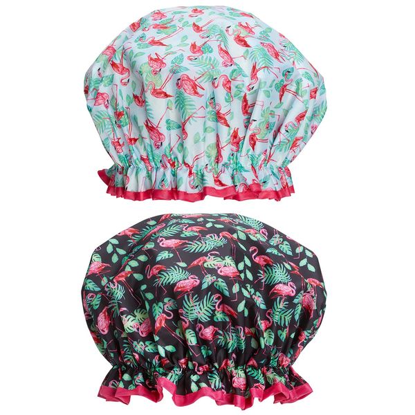 Bodylife Shower Cap Reusable Waterproof Bath Cap double Layered Flamingo Twin Pack