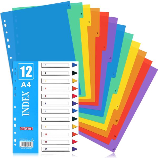 Partideal 3 Pack A4 Folder Dividers,12 Part File Dividers Plastic Binder Dividers with Pre-Punched Hole for Office School