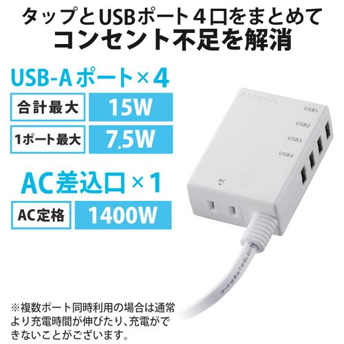 Elecom MOT-U06-2144WH USB & Outlet Power Strip, 4 USB Ports, 1 AC Outlet, PSE Compatible, 23.6 inches (60 cm) Long Cable, White