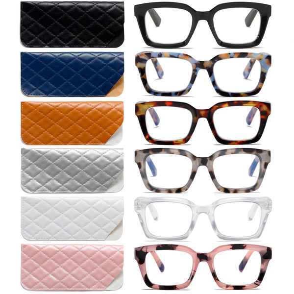 ZXYOO 6 Pack Oversize Square Design Reading Glasses for Women, Blue Light Blocking Computer Reader（6 pack Mix +1.75）