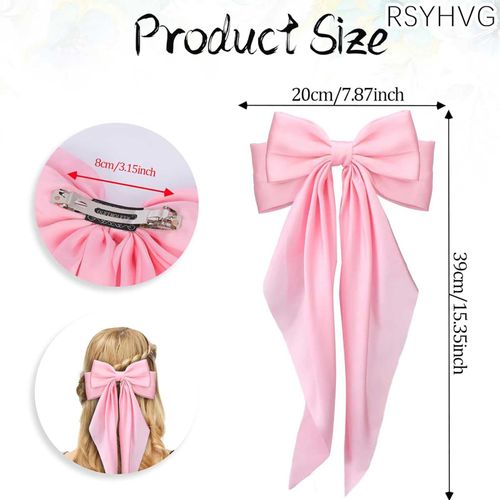 RSYHVG Silky Satin Hair Bows for Women, 3 PCS Big Black Bow White Bow Pink Bow Bowknot Metal Spring Clip Oversized Long Tail Hair Ribbons Ponytail Holder French Barrettes Hair Accessories