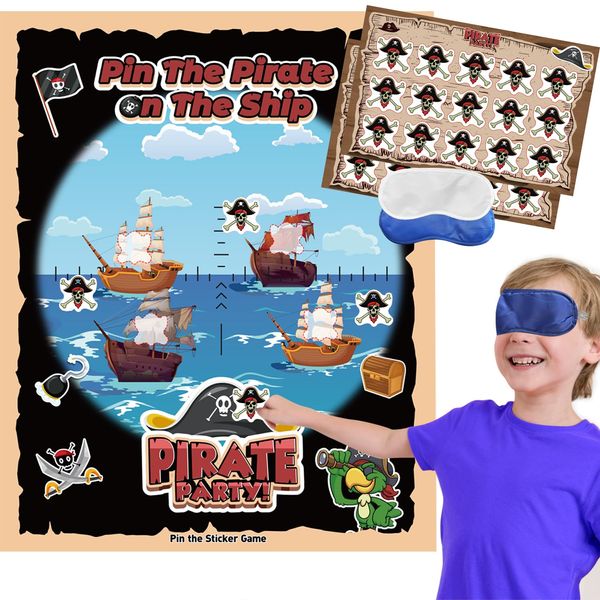 pin the sticker game Pirate Party Games for Kids, Pin The Pirate on The Ship Game Pirate Birthday Party Supplies Decorations for Boys Party Favors