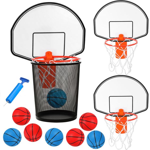 Meooeck 19 Pieces Trash Can Basketball Set Including 2 Clip on Hoop with Backboard 16 Mini Red and Blue Inflatable Basketball Air Pump for Adults Home Office Basketball Birthday Gift(Classic)