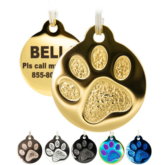 Engraved Pet Tag for Dogs and Cats - Personalized Front & Back up to 4 Lines of Text Custom Engraved ID, Round Paw Print Solid Plating Stainless Steel Gold Regular