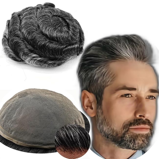 Echthaar Toupet für Männer,Yanahair Gewelltes Haar dünne französische Spitze Gebleicht Knoten natürlichen Haaransatz Perücken Haarsystem Europäische Echthaar Perücke Mann(10x8",#1B40 schwarz und grau)