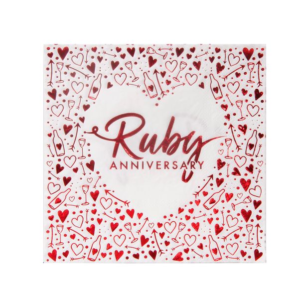 Creative Party J043 Ruby Anniversary 3-Ply Foil Stamped Paper Luncheon Napkins, 13"-16 Pcs