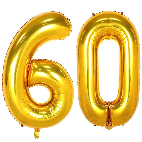 60 Number Balloons Gold Big Giant Jumbo Number 60 Foil Mylar Balloons for 60th Women Men Birthday Party Supplies 60 Anniversary Events Decorations