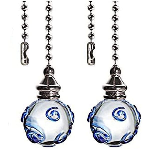 Ceiling Fan Pull Chains 12 Inches Glass Fan Pulls Decorative with Blue Pattern Transparent For Ceiling Light Lamp Fan Chain (nickel) 2 Pcs