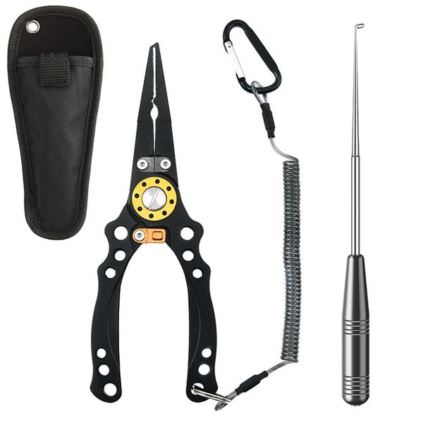 Fishing Pliers Set, Aluminum Alloy Fishing Pliers Scissors and and Fish Hook Remover with Sheath and Lanyard, Multi-Functional Fishing Tool for Hook Removing Line Cutting (Black)