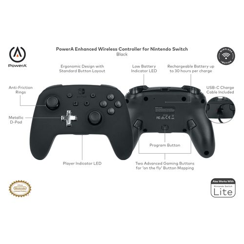 PowerA Enhanced Nintendo Switch Controller Wireless - Black, Rechargeable Pro Controller for Switch, Immersive Motion Control and Advanced Gaming Buttons