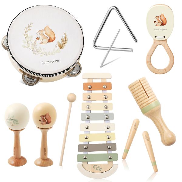 Baby Musical Instruments Set | Montessori Musical Toys Wooden Toys for Toddlers | Neutral Colors Percussion Instruments Set with Modern Boho Xylophone | Kids Preschool Educational Birthday Gifts