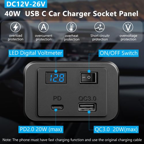 Hoembpn 40W Dual USB C Car Charger Socket Panel with Switch and LED Voltmeter PD2.0+QC3.0,DC12V-26V USB Power Outlet Outdoor Quick Charge Adapter for Campervan Boat Truck Marine Accessories