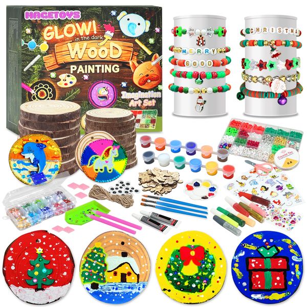 Kids Wooden Painting Kit, Christmas Crafts for Kids Ages 5-12, Glow in The Dark, Bracelet Making Kit Toys, Christmas Gifts for Girls Boys, Creative Art Toys for 5, 6, 7, 8, 9, 10, 11, 12 Year Old