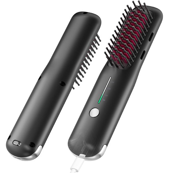 Cordless Hair Straightener Brush, NOVUS Portable Straightening Brush with Negative Ion, Hot Comb Hair Straightener for Women, Lightweight & Mini to Carry Out, USB Rechargeable, Anti-Scald, Safe Mode