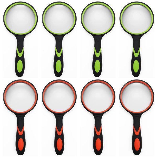 SHENGQIDZ 8 Pack 8X Handheld Magnifying Glass Reading Magnifier for Seniors and Kids, 50mm Magnifying Glass Lens with Non-Slip Rubber Handle for Reading Hobbies and Science