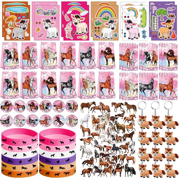 113 PCS Pink Horse Party Favors Set, 41 Horse Stickers, 12 Goodie Bags,12 Button Badges, 12 Keychains, 12mini notepads,12 rubber bracelets for Girl Women Cowgirl Horse Birthday Party Supplies (Pink)