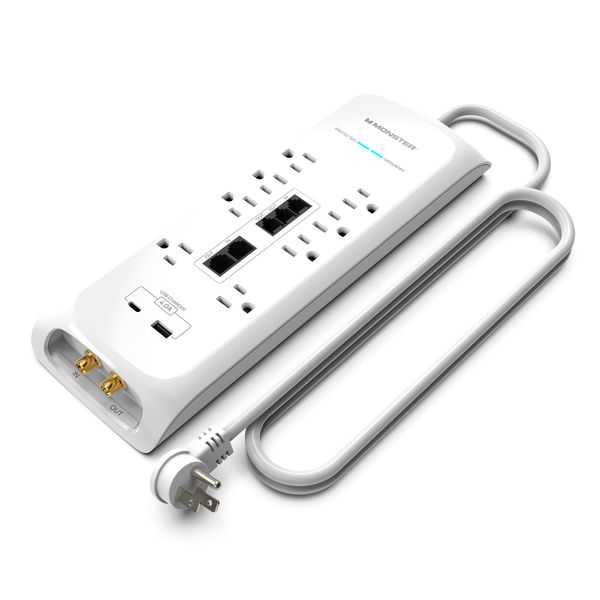 Monster White Heavy Duty Surge Protector Power Strip 6 ft Cord with 8 120V-Outlet Extension, 2 Ethernet Switch Ports, 4050J Rating, 1 USB-A, and 1 USB-C Charging Ports – Ideal for Computers & Offices