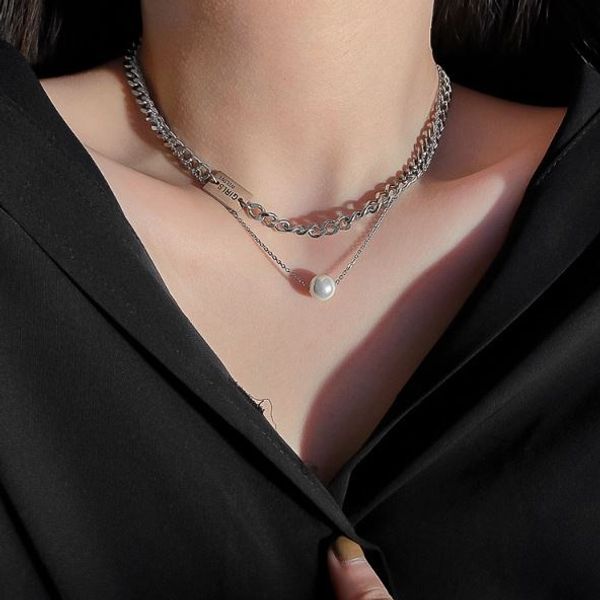 Good Luck Pearl Layered Necklace / Silver Pearl Pendant Layering Two Rows AFAVE CH1033N