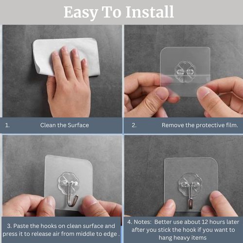 (Pack of 12) American Super Quality Adhesive Hooks Waterproof Transparent Wall Hooks for Bathroom, Kitchen Use Self-Adhesive Utility Hooks for Towels Coats Keys and More Home Improvement Essentials