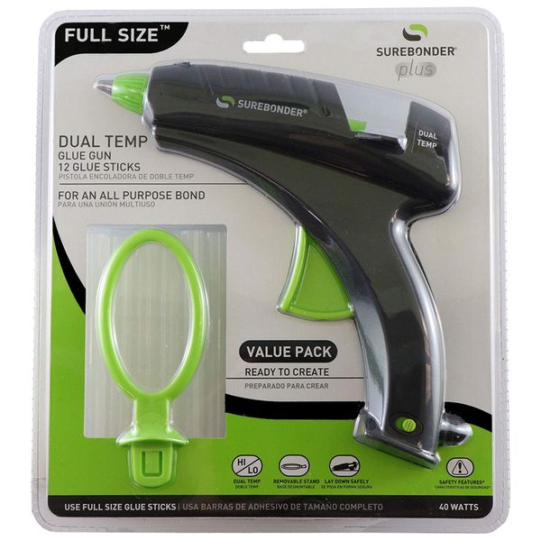 Surebonder DT-270FKIT Full Size Dual Temperature Glue Gun with 12-4-Inch Standard All Purpose Glue Sticks,Black,green