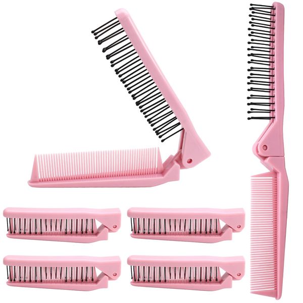 Qjaiune 6PCS Travel Foldable Brush Comb Portable Folding Comb, Anti-Static Hair Comb Mini Pocket Comb, Double Headed Hair Brush Hairdressing Tools Plastic Folding Comb for Men Women (Pink)