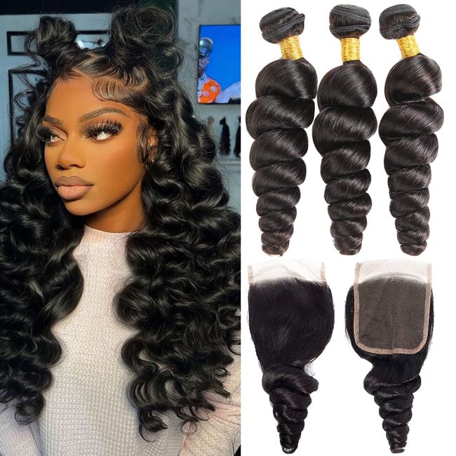 Loose Wave Bundles With 4X4 Lace Closure Free Part (10 12 14+10) Inch Loose Wave Human Hair Bundles Loose Deep Wave Hair 3 Bundles with Closure 10A 100% Unprocessed Brazilian Virgin Hair Extensions