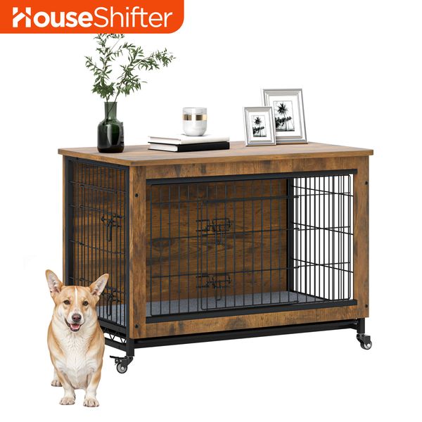 38" Modern Dog Kennel Mobile Pet Crate Wood Cage Removable Tray Mat Swivel Wheel